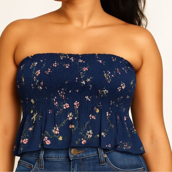 GARAGE Women’s Blue Floral Smocked Crop Tube Top Medium Strapless Peplum - Picture 1 of 8